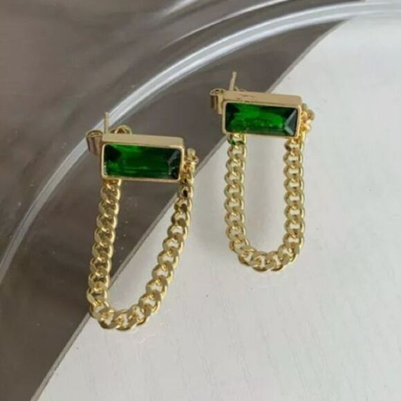The Champion Square Emerald Crystal Gold Chain Dangle drop Earrings - Picture 8 of 11